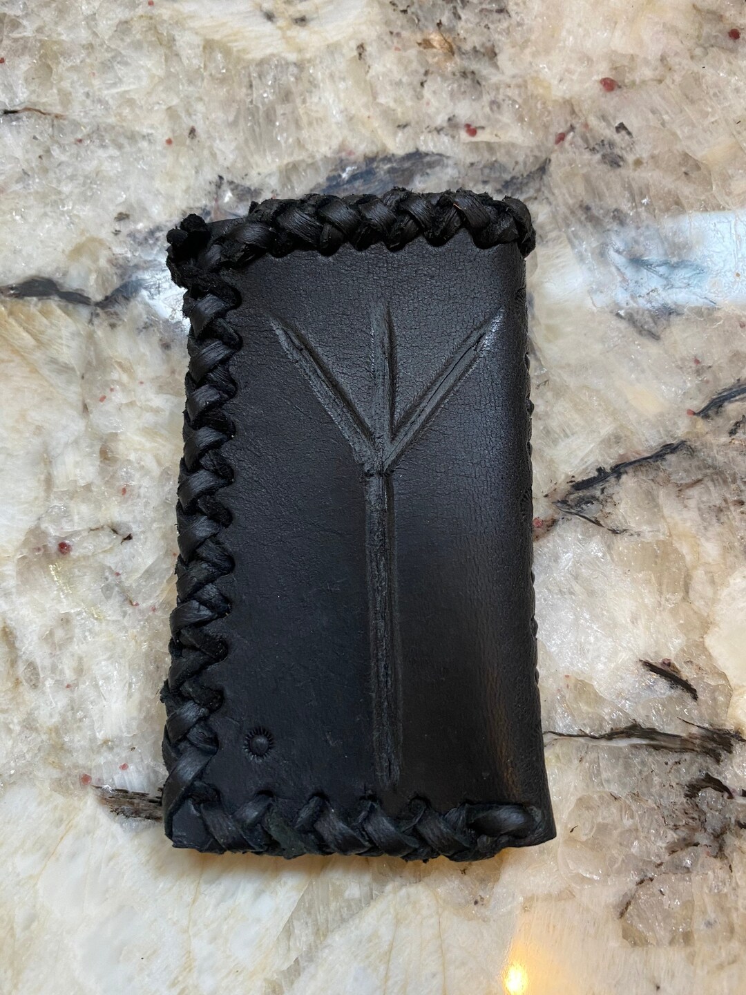 Black Leather Lighter Case Genuine Leather Carved Algiz Etsy