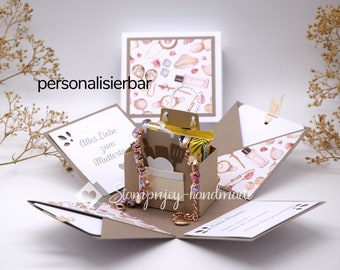Explosionsbox Muttertag/Geburtstag | Geldgeschenk | Küchenschürze | Motiv: Beauty Kosmetik | pastell taupe | Art. Nr. 06020701