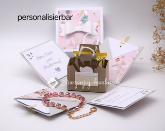 Explosionsbox Muttertag/Geburtstag | Geldgeschenk | Küchenschürze | Motiv: Blüten floral | pastell grau rosa | Art. Nr. 06020801