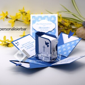 Explosionsbox Taufe/Kommunion/Konfirmation/Firmung | Geldgeschenk | Buchschachtel Motiv: Segelboote, maritim | blau weiß | Art. Nr. 04020505