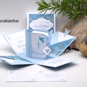 Explosionsbox Kommunion/Konfirmation/Firmung/Taufe | Geldgeschenk | Buchschachtel | Motiv: gemustert | hellblau | Art. Nr. 04020507