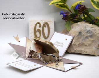 Explosionsbox Geburtstag | Geldgeschenk | Koffer | Motiv: vintage | taupe | Art. Nr. 02020715 20 50 70 80 40 60 30