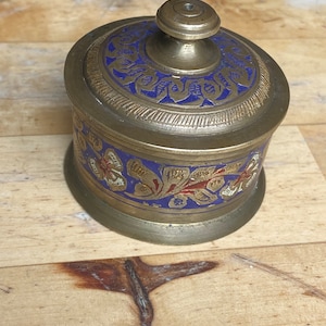 Vintage Indian etched brass bowl with lid. Red and blue patina.