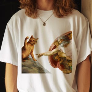 Skapelsen av katt T-shirt, rolig konstparodi T-shirt, renässanskatt meme-tröja