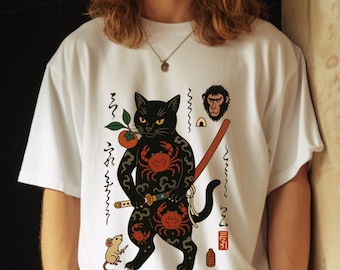 Witchy Black Cat T-Shirt – Vintage Japanese Yokai Graphic Tee