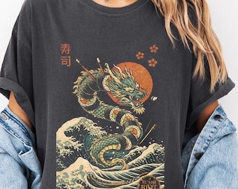 Sushi Riot Dragon Wave T-shirt, Ukiyoe-stil med grafisk design