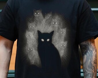 Maglietta di Halloween con gatto nero – Maglietta grafica Witchcore, scena notturna gotica