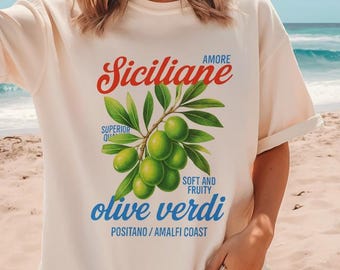 Vintage Italian Olive Graphic Tee, Amalfi Coast Foodie Shirt, Sicilian Olives Top, Positano T-Shirt