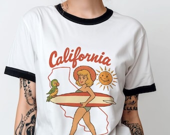 Camiseta California Surfer Girl con cuello redondo, diseño retro de surf de los años 70