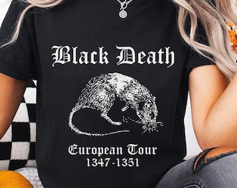 May include: Black t-shirt with a white graphic of a rat and the text "Black Death European Tour 1347-1351".