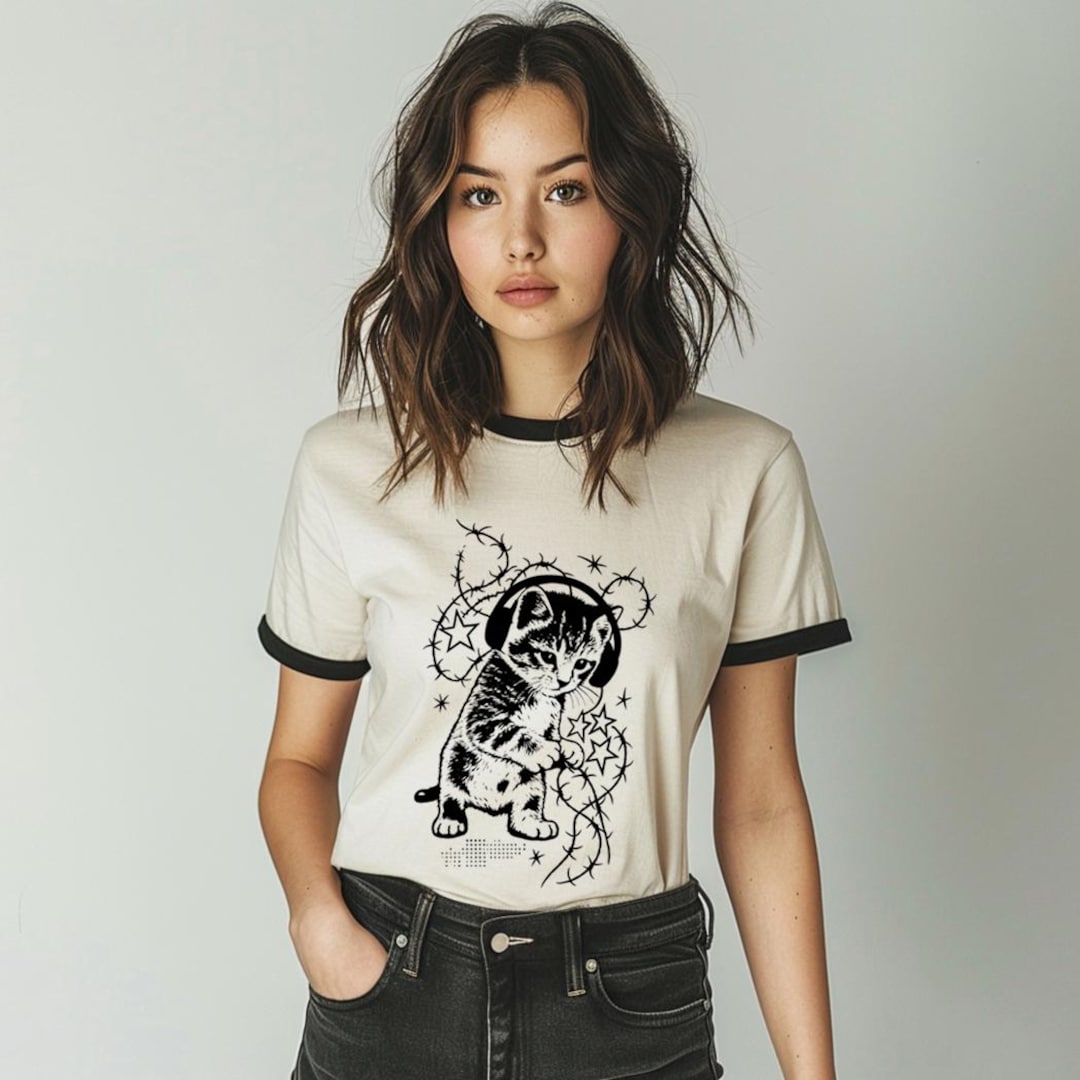 Grunge Kitten Ringer Tee, Barbed Wire Star Cat Graphic Shirt - Etsy