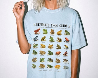 May include: A light blue t-shirt featuring a graphic print titled Ultimate Frog Guide. The design displays a grid of various colorful frog illustrations with their names printed underneath each, along with the text Appreciate Respect Protect.