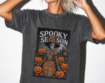 スプーキーシーズン スケルトン魔女シャツ、ヴィンテージハロウィンTシャツ、レトロパンプキングラフィックTシャツ