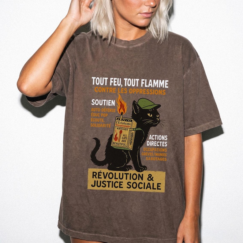 Revolutionary Cat T-Shirt , French Protest Art Tee ,Black Cat Socialist Graphic Shirt image 12