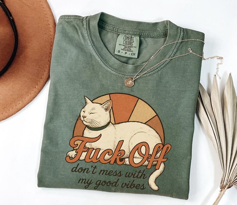 Vintage katt T-shirt, rolig sarkastisk grafisk t-shirt, bra vibbar unisex komfortfärger skjorta bild 12