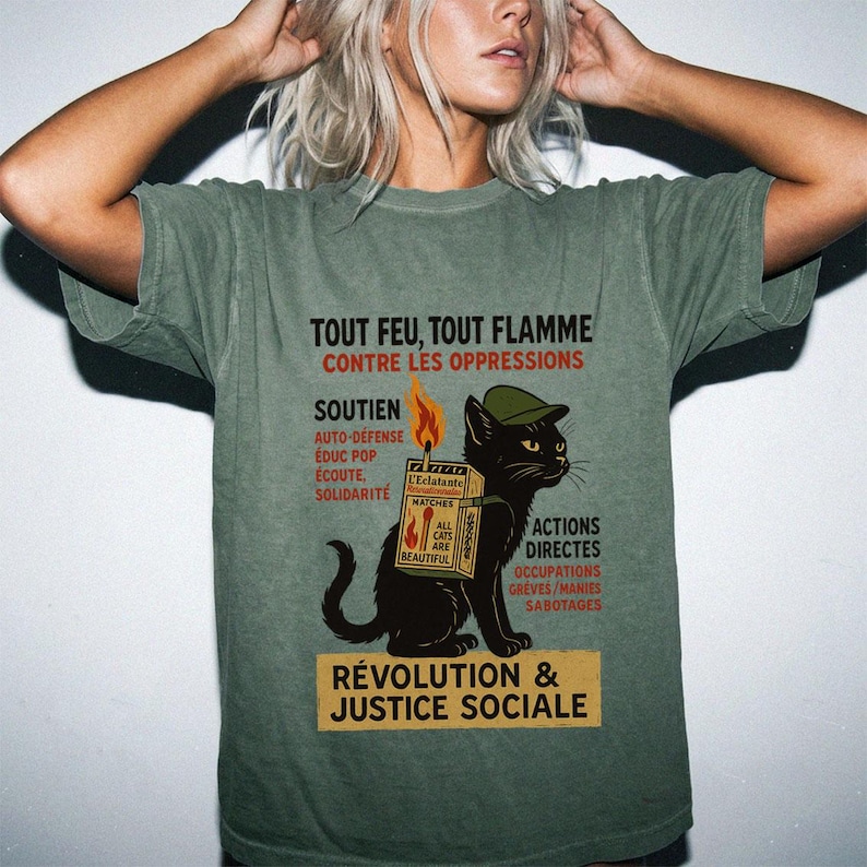 Revolutionary Cat T-Shirt , French Protest Art Tee ,Black Cat Socialist Graphic Shirt image 2