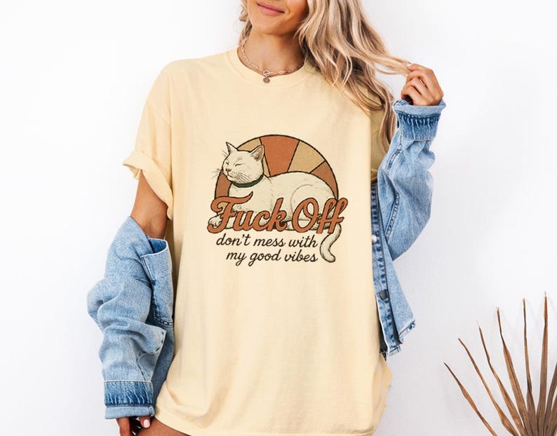 Vintage katt T-shirt, rolig sarkastisk grafisk t-shirt, bra vibbar unisex komfortfärger skjorta bild 13