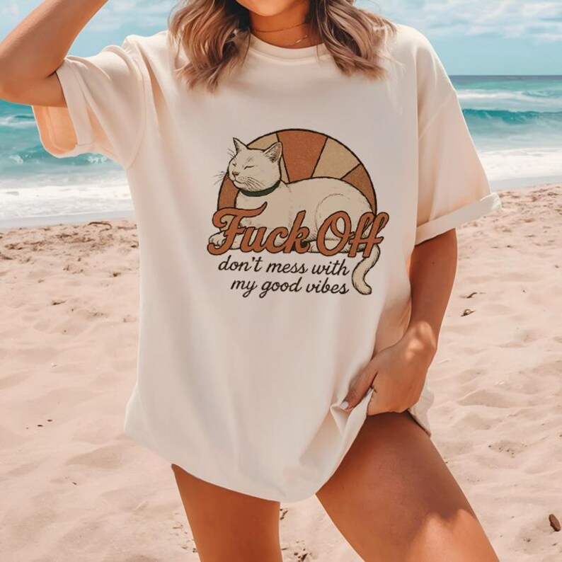 Vintage katt T-shirt, rolig sarkastisk grafisk t-shirt, bra vibbar unisex komfortfärger skjorta bild 15