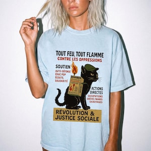 Revolutionary Cat T-Shirt , French Protest Art Tee ,Black Cat Socialist Graphic Shirt image 4