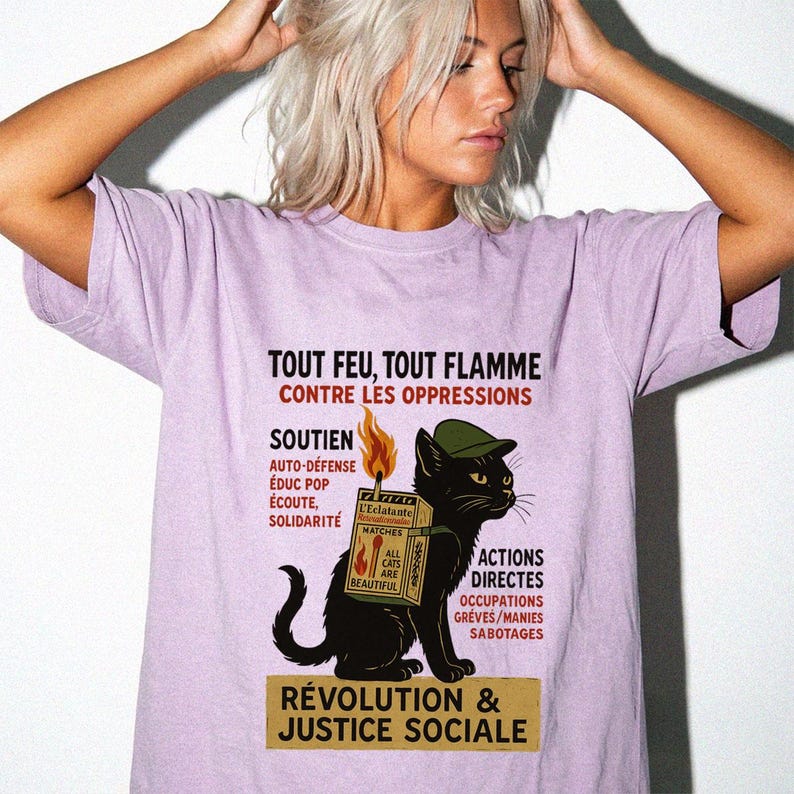 Revolutionary Cat T-Shirt , French Protest Art Tee ,Black Cat Socialist Graphic Shirt image 3