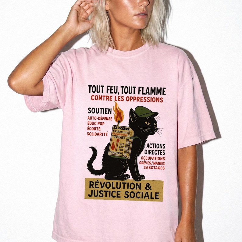 Revolutionary Cat T-Shirt , French Protest Art Tee ,Black Cat Socialist Graphic Shirt image 10