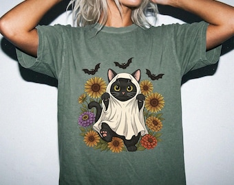 Ghost Cat Shirt, Black Cat Halloween, Floral Spooky Cottagecore Tee
