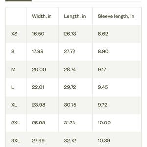 May include: A white chart with size measurements for a garment. The chart includes sizes XS to 3XL, with measurements for width, length, and sleeve length in inches. The chart is labeled "Imperial" and "Metric".