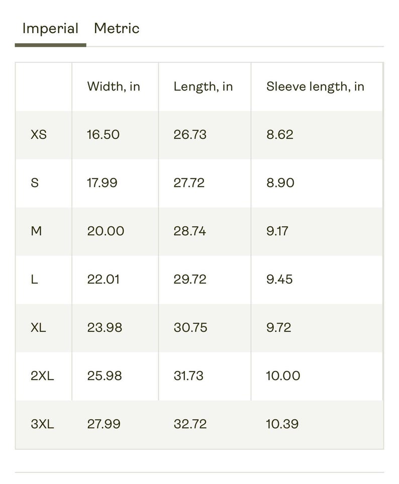 May include: A white chart with size measurements for a garment. The chart includes sizes XS to 3XL, with measurements for width, length, and sleeve length in inches. The chart is labeled "Imperial" and "Metric".