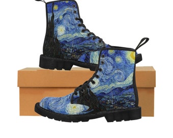 Starry Night Boots, Van Gogh Boots,Women’s Combat Boots, , Gift For Artist & Art Lover, Custom Shoes