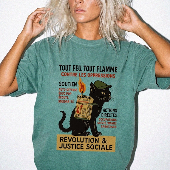Revolutionary Cat T-Shirt , French Protest Art Tee ,Black Cat Socialist Graphic Shirt