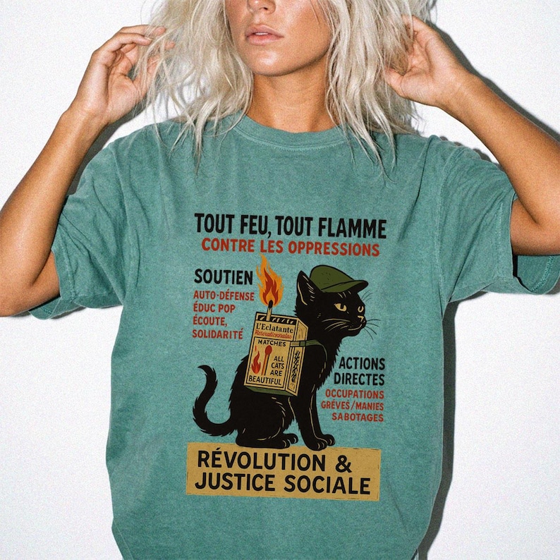 Revolutionary Cat T-Shirt , French Protest Art Tee ,Black Cat Socialist Graphic Shirt image 1