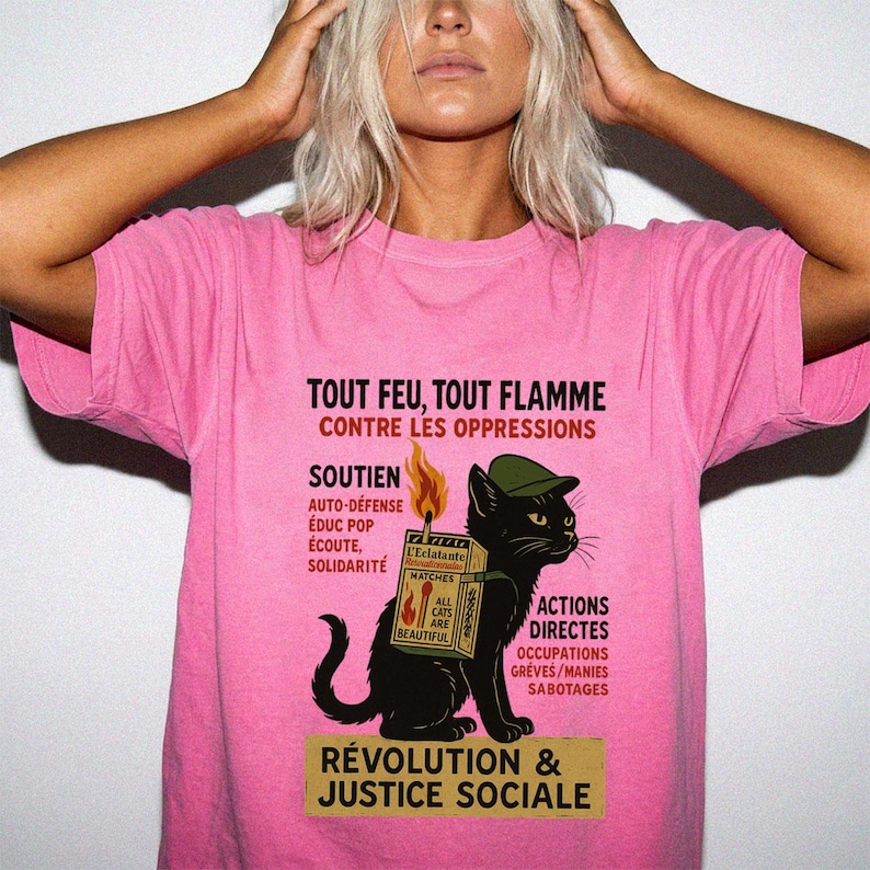 Revolutionary Cat T-Shirt , French Protest Art Tee ,Black Cat Socialist Graphic Shirt image 6