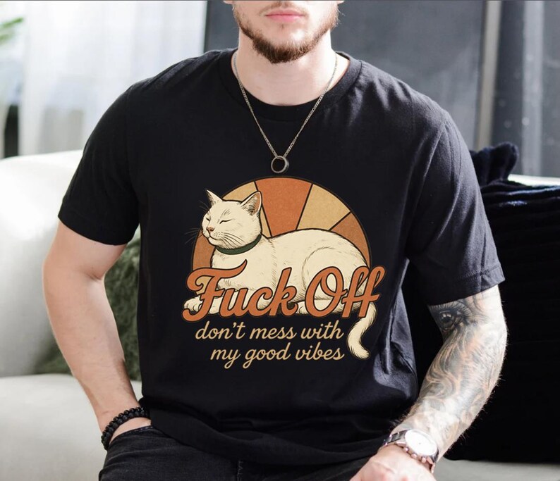 Vintage katt T-shirt, rolig sarkastisk grafisk t-shirt, bra vibbar unisex komfortfärger skjorta bild 8