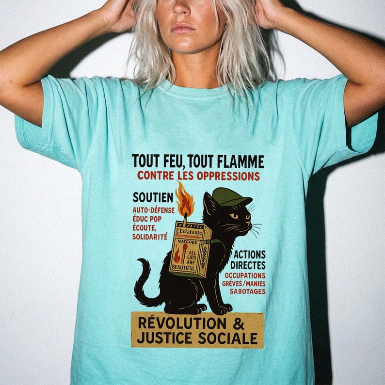 Revolutionary Cat T-Shirt , French Protest Art Tee ,Black Cat Socialist Graphic Shirt image 7
