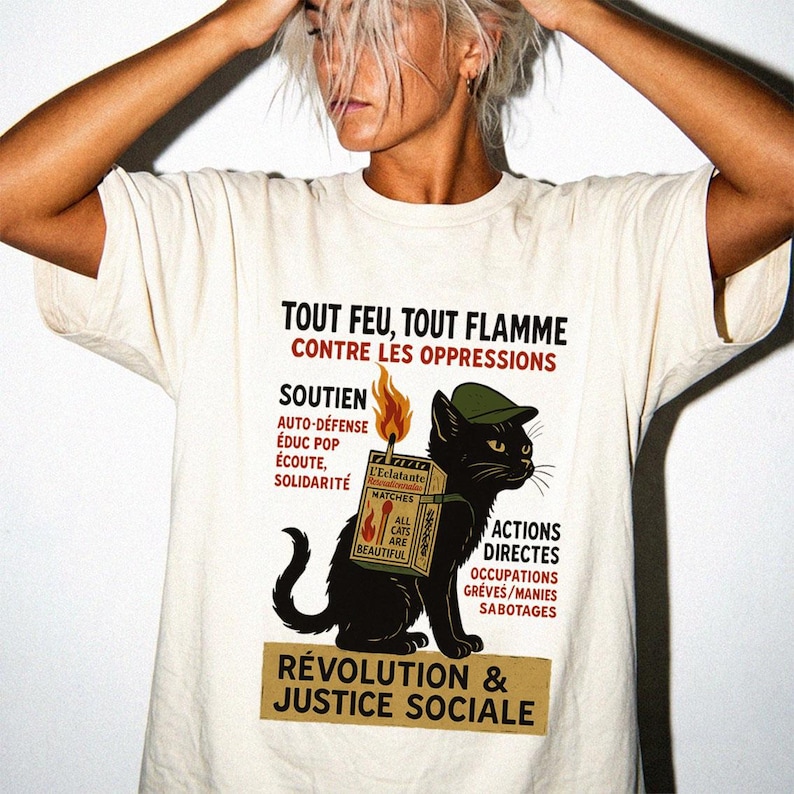 Revolutionary Cat T-Shirt , French Protest Art Tee ,Black Cat Socialist Graphic Shirt image 9
