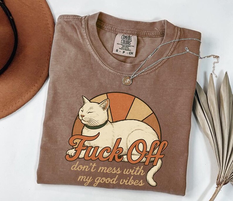 Vintage katt T-shirt, rolig sarkastisk grafisk t-shirt, bra vibbar unisex komfortfärger skjorta bild 11