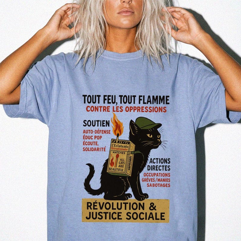 Revolutionary Cat T-Shirt , French Protest Art Tee ,Black Cat Socialist Graphic Shirt image 8