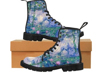 Monet Lilies Combat Boots , Monet Festival Art Boots ,Women's Canvas Boots,Claude Monet Water Lilies