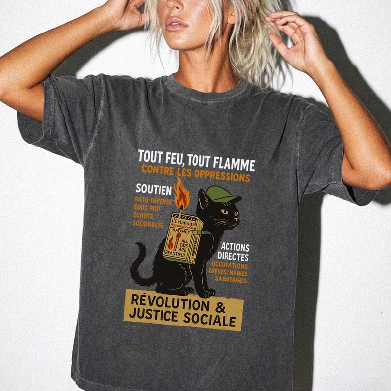 Revolutionary Cat T-Shirt , French Protest Art Tee ,Black Cat Socialist Graphic Shirt image 11