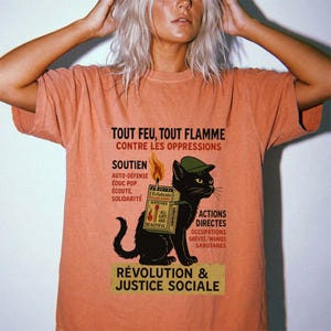 Revolutionary Cat T-Shirt , French Protest Art Tee ,Black Cat Socialist Graphic Shirt image 5