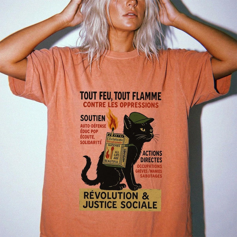 Revolutionary Cat T-Shirt , French Protest Art Tee ,Black Cat Socialist Graphic Shirt image 5