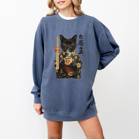 Samurai Cat Illustration Sweatshirt, Japanese Style Graphic Crewneck, Overthink Humor Design, Vintage Art Sweatshirt
