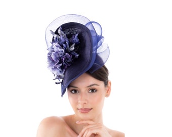 Royal Ascot Hat, Kentucky Derby, Navy Blue Hat, Hats with Flowers, Fascinators, Special Occasion Hat, Wedding Hat, Mother of the Bride Hat