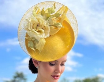 Royal Ascot Hat, Kentucky Derby, Yellow Hat, Hats with Flowers, Fascinators, Special Occasion Hat, Wedding Hat, Mother of the Bride Hat