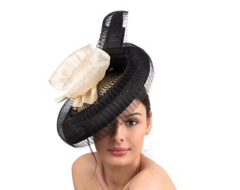 Monochrome Hat, Derby Hat,  Royal Ascot Hat, Black Hat, Black Royal Ascot Hat, Black and White, Straw Hat, Large Royal Ascot Hat, Saucer Hat