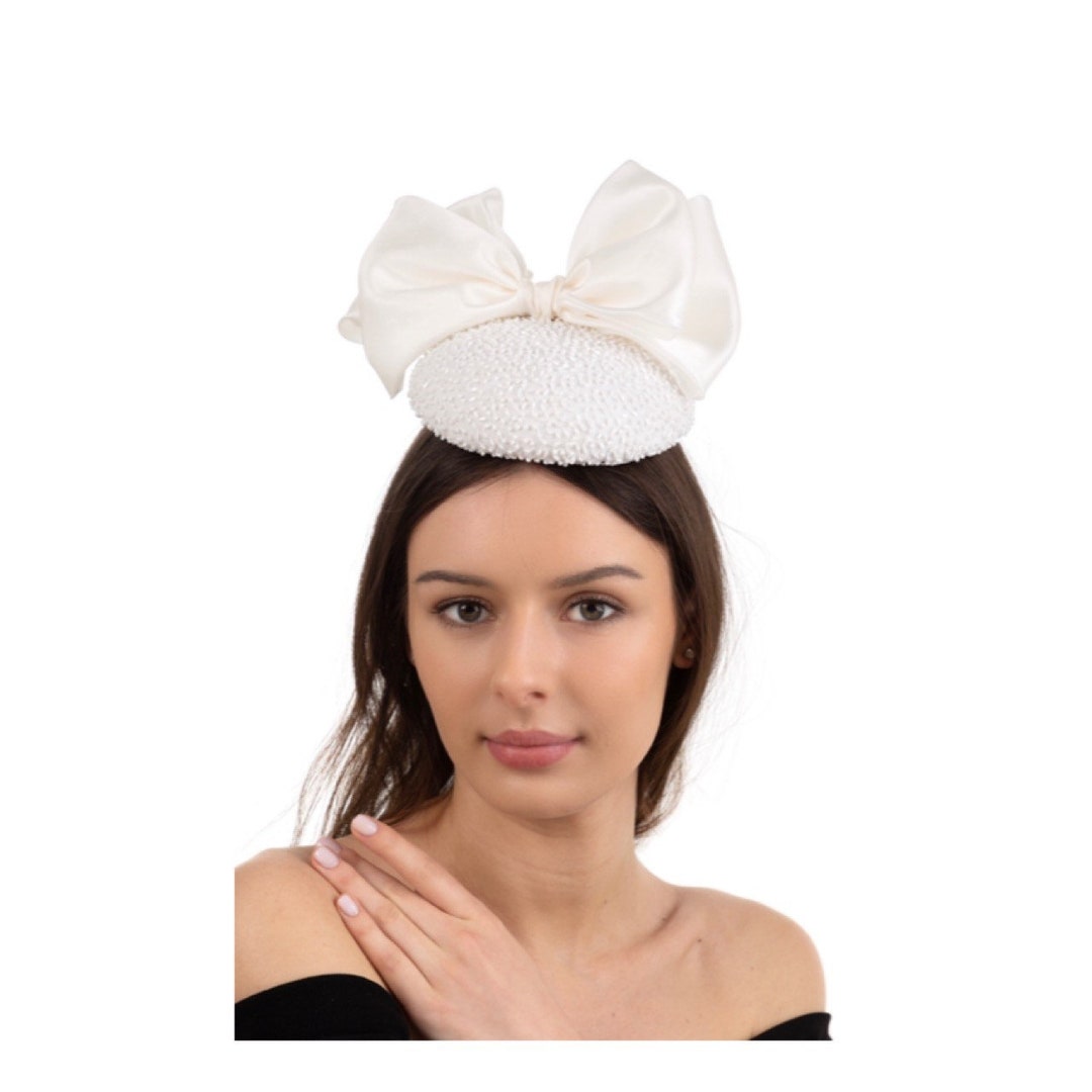 White Beaded Hat, White Wedding Hat, White Mini Hat, White Fascinator