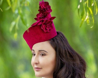 Royal Ascot Hats, Red Velvet Hat, Fascinator, Kentucky Derby, Hats for Races, Ladies Day Hats