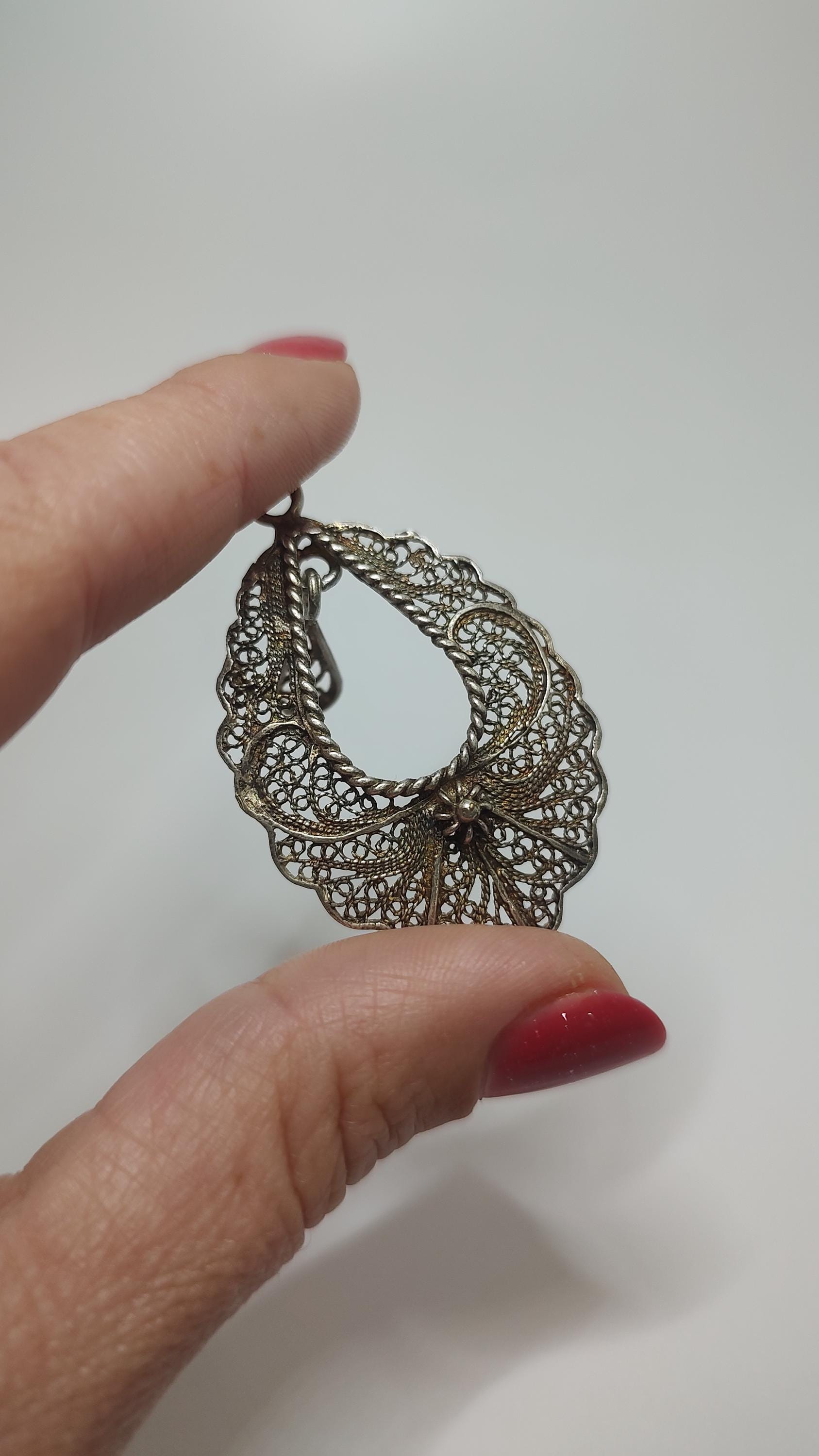 Pendentif Ancien Filigrane Fleur En Argent Massif 925 - Bijou Vintage Occasion