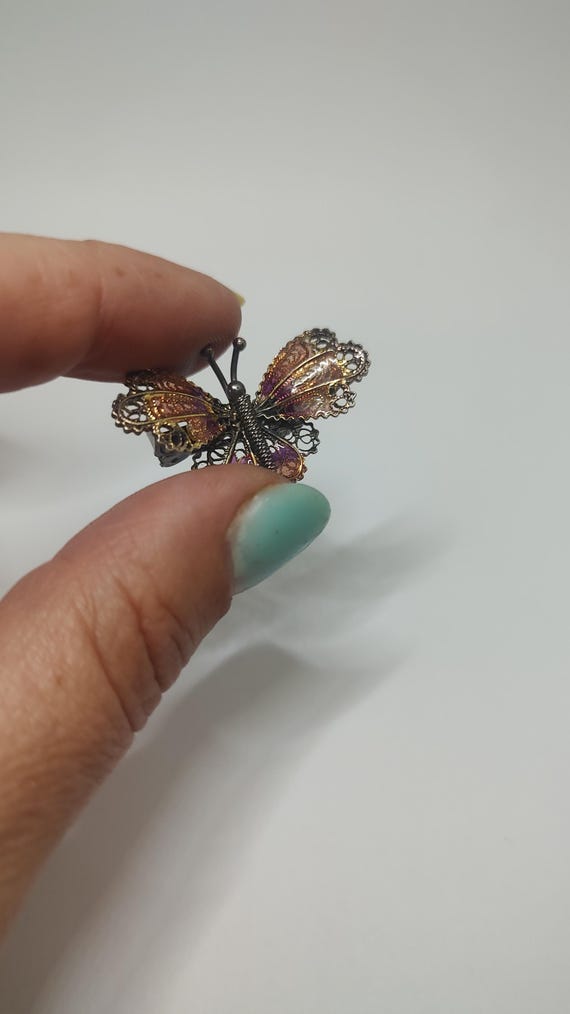 Broche Papillon Ancienne En Argent Massif - Filigrane émaillé, Occasion Bon état
