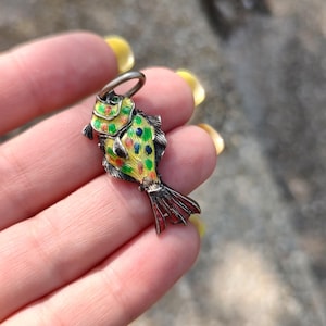 Vintage sterling silver Fish Cloisonne Pendant,colorful enamel articulated fish pendant